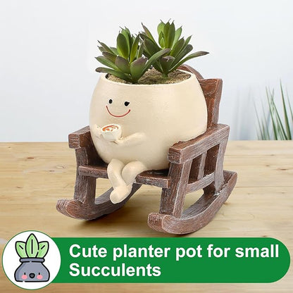 Smily Face Planter Pots for Indoor Plants, Cute Resin Flower Head Planters, Rocking Chair Succulent Flower Pots with Drainage Hole, Gift IdeaI for Birthday