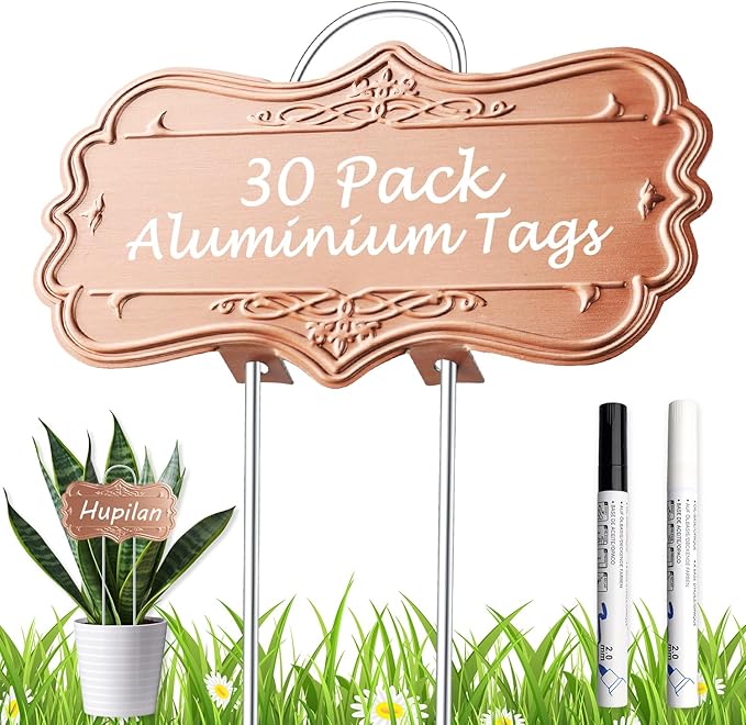 30 Pack Metal Plant Labels,Larger Area 3.7"X 2" Waterproof Garden Markers for Plants Outdoor with 2 Pens,Reusable Aluminum Plant Label Stakes Name Tags for Vegetables Herb Flowers Seedlings