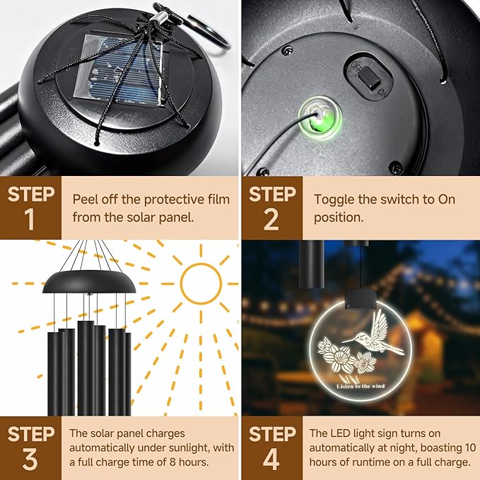 Solar Wind Chimes for Outside, 6 Tubes Relaxing Melody Wind Chimes with Hummingbird LED Windcatcher, Windchimes for Garden Patio Decor, Great Gift Idea for Mother's Day
