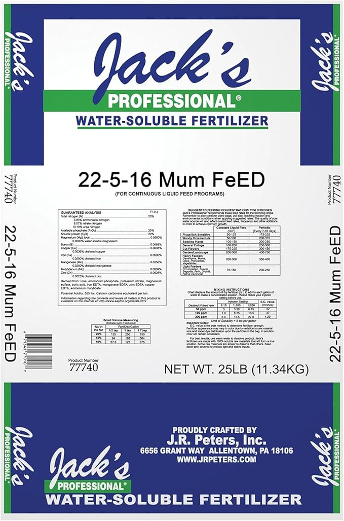 Jack's Professional 22-5-16 Mum Feed Water-Soluble Fertilizer with Micronutrients for Compact Mum Growth in Continuous Liquid Feed Programs, 25lbs