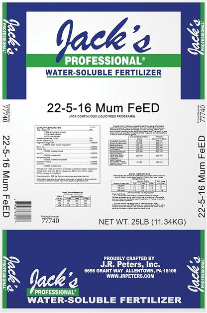 Jack's Professional 22-5-16 Mum Feed Water-Soluble Fertilizer with Micronutrients for Compact Mum Growth in Continuous Liquid Feed Programs, 25lbs