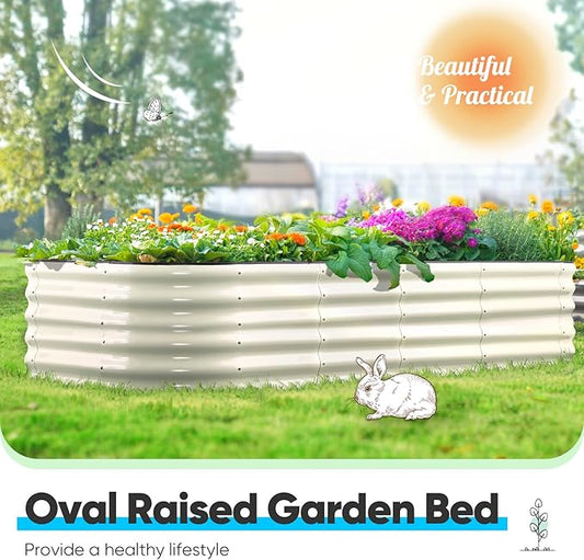 Quictent Galvanized Raised Garden Bed Kit Tall, 6x3x1.5 ft Oval Large Planting Box Strengthened by Crossbar, for Vegetables Outdoor, Beige
