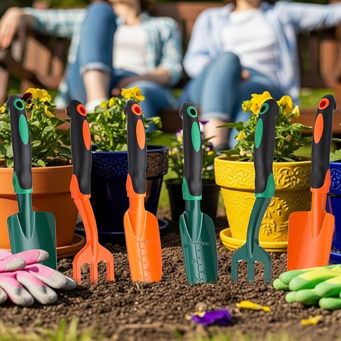 6 Pcs Colorful Garden Tools Set Heavy Duty Gardening Tools Set Include Garden Shovel Transplant Trowel and Hand Rake with Ergonomic Handle Aluminum Alloy Lawn for Planting Gifts Men Women