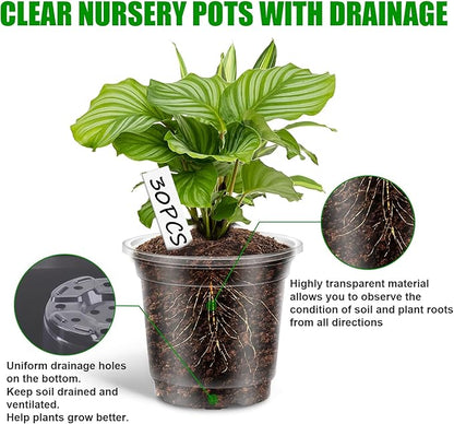 30Pcs Plastic Plant Pots with Repotting Mat,6 Inch Clear Nursery Pots with Drainage,Clear Nursery Pots with 30pcs Plant Labels,29inch*39inch PE Planting Mat for Indoor Garden Plants