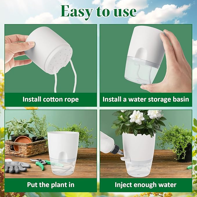 15 PCS 4 Inch Self Watering Pots for Indoor Plants Small Self Watering Planter with Self Watering Wick White Clear Plastic African Violet Pots Self Watering Plant Pot for Indoor House Plants