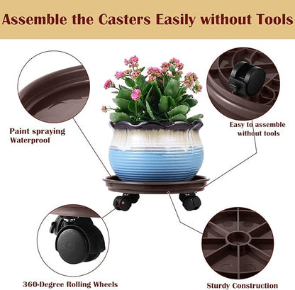 8 Packs Plant Caddy With Wheels 12" Plastic Rolling Stands Heavy-Duty Dolly With Casters Indoor and Outdoor Roller Base Large Heavy Pot Saucers Plant Mover, Brown