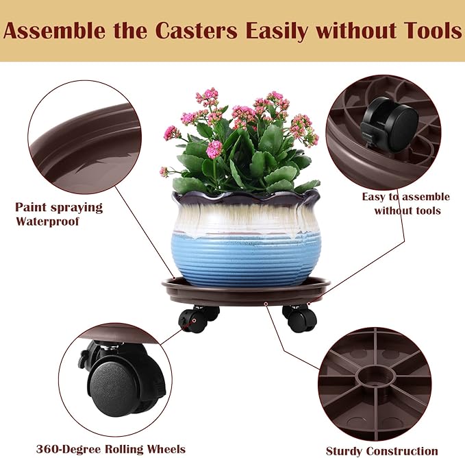 4 Packs Plant Caddy with Wheels 11.8" Plastic Rolling Plant Stands Heavy-Duty Plant Dolly with Casters Indoor Outdoor Plant Roller Base Large Saucer Tray Mover Coaster, Brown