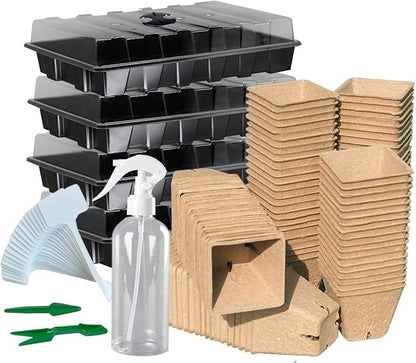 Seed Starter Kit with 100 Peat Pots for Seedlings Seed Starter Tray, 5 Plastic Growing Trays with Water Strainer & Adjustable Humidity Dome Outdoor or Indoor Herb Garden Nursery