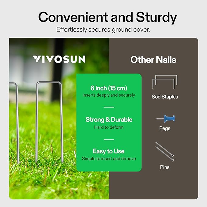 VIVOSUN 6 Inch 25-Pack Landscape Staples, Galvanized Steel Garden Stakes 11 Gauge U-Shaped Pins for Weed Barrier Fabric, Soaker Hose, Holding Fence