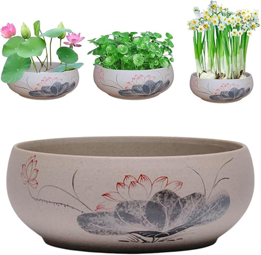 Lotus Bowl Planter, Ceramic Water Lily Bowl, Hydroponic Bonsai Lotus Bowls for Water Plants Indoor, Succulent Pots, Leak-Proof Design, LotusLeaf Pattern (7.56in*2.76in)