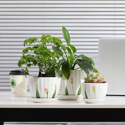 Ceramic Plant Pots with Drainage Holes and Saucers, Round White Flower Pots for Indoor Plant, Diameter 3.3/4.3/5.5 Inches Small Flower Planters Set of 3
