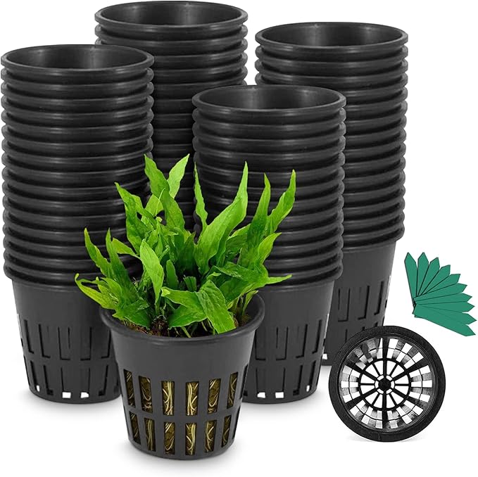 GROWNEER Net Pots 100 Pcs 3 Inch Garden Slotted Mesh Net Cups, Heavy Duty Hydroponic Pots with 50Pcs Plant Labels, Wide Lip Planting Set Grow Basket for Indoor Outdoor Growing