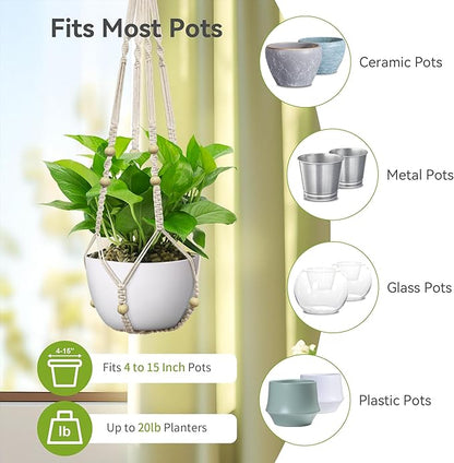 USLAI Macrame Plant Hanger Indoor Outdoor, Fits 4 to 15 Inch Pots, Strong Hanging Planter Holder, Boho Home Decor, 35 Inch, Ivory, Set of 3 (POTS NOT Included)