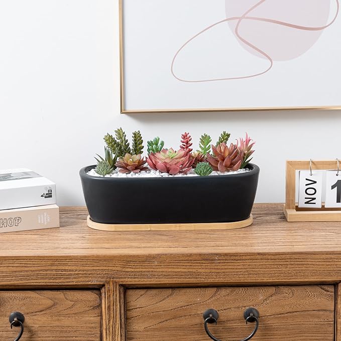 MyGift 14 Inch Oval Modern Matte Black Ceramic Succulent Planter Pot with Drainage Hole and Removable Bamboo Saucer, Decorative Indoor House Plant Container for Flowers, Cactus, Herbs