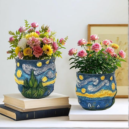 Starry Night Planter Pots Van Gogh Inspired Acolorful Art Flower Pot with Artistic Brushstroke Design Resin Funky Vase for Home Balcony Decoration