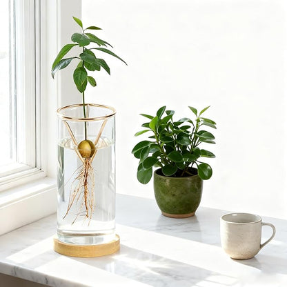 2 Pack Avocado Tree Growing Kits - Avocado Growing Vase - Avocado Seed Starter Vase Glass Plant Pot Easy Seed Sprout Starter Gift for Women Gardening Lovers Home Office Table Decoration (Gold)