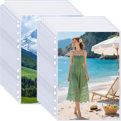 100 Pack 8x10 Photo Sleeves for 3 Ring Binder - Holds 200 Photos, Archival Safe, Acid-Free, Clear Plastic Page Protectors for Photo Albums, Postcards, Pictures