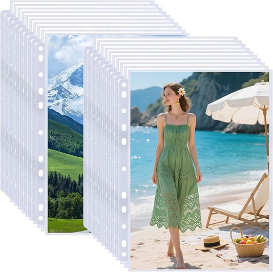 100 Pack 8x10 Photo Sleeves for 3 Ring Binder - Holds 200 Photos, Archival Safe, Acid-Free, Clear Plastic Page Protectors for Photo Albums, Postcards, Pictures