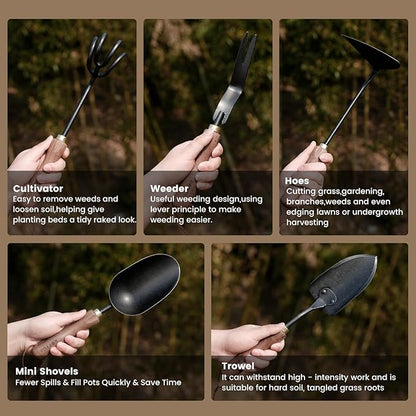 Garden Tool Set, 5PCS Gardening Tools, Stainless Steel Heavy Duty Hand Cultivator, Hoes, Shovel, Trowel and Weeder with Ergonomic Walnut Handle, Gardening Gifts for Women