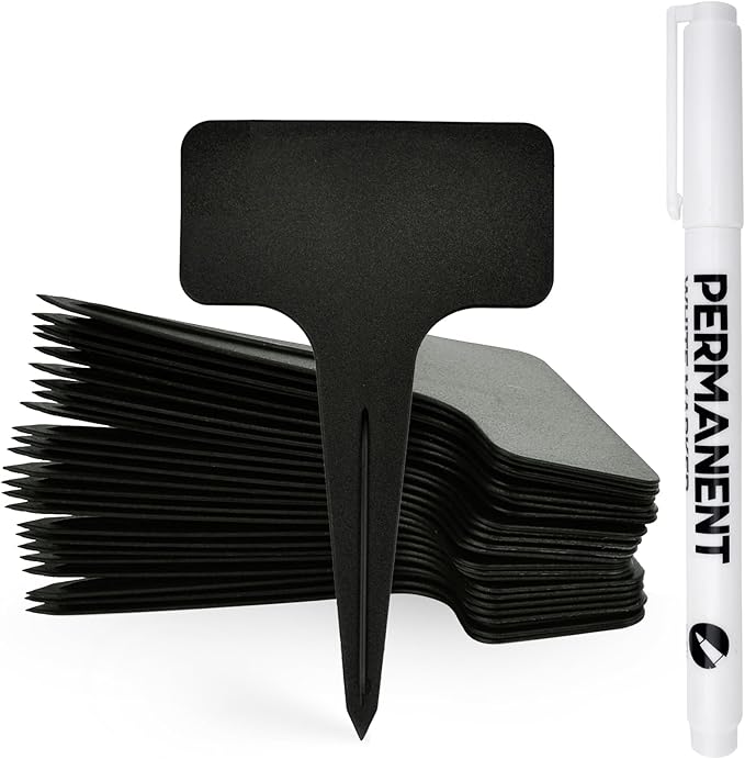 120pcs Plant Labels, Plastic Plant Tags, T-Type Garden Waterproof Name Stakes Plant Markers for Outdoor Garden Flower Vegetables Potted Plants Seed with A Marker Pen (6 x 10 cm, Black)