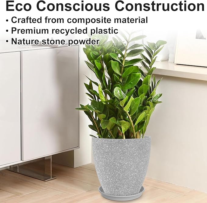 GameXcel Flower Pot Indoor - Outdoor Plant Pot - Gray Rough Planter - Elegant Stone Imitation - 12" Diameter 12" Tall with Drainage Holes and Saucer