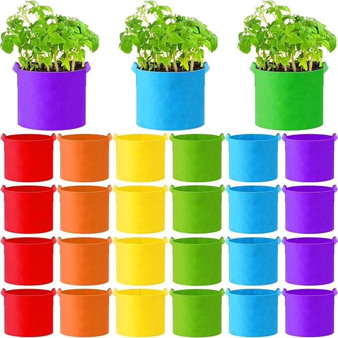 24 Pcs Multicolor Plant Grow Bags Large Grow Bags Fabric Planter Thickened Non Woven Fabric Pots with Handles for Indoor Outdoor Garden Planting Seeds Flower, 6 Colors (5 Gallon)