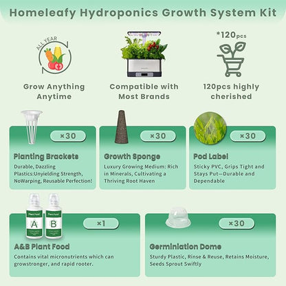 122 Pcs Universal Seed Pod Kit, Square Hydroponic Grow Set with 30 Sponges, 30 Domes, 30 Baskets, 30 Labels, and Hydroponics Nutrients A & B, Compatible with Most Hydroponic Growing System,Herb Garden