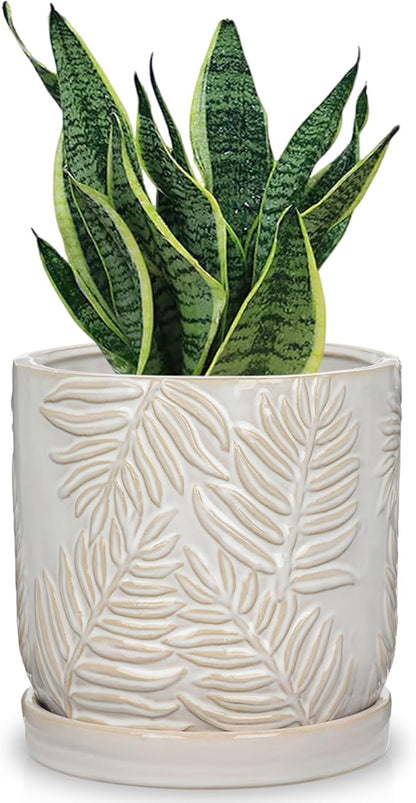 5.5 Inch Ceramic Planter Pots with Drainage Holes, Saucers for Indoor-Outdoor Plants, Succulent Orchid Flower Large Round Plant Pot Lvory White