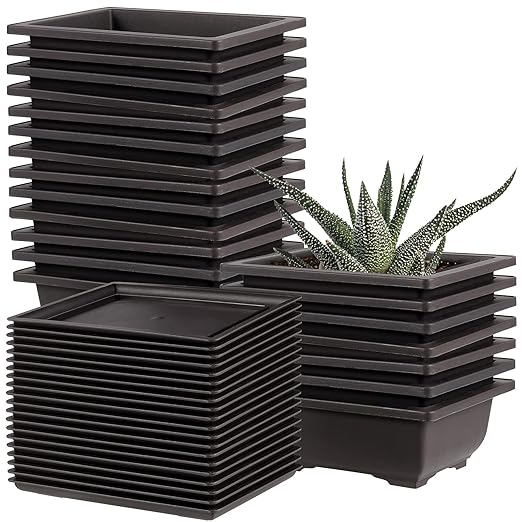 20 Pack Black Plastic Bonsai Training Pots with 20 Trays, Rectangular Planters, 6.5 Inches