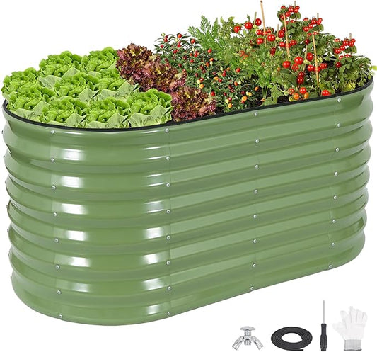 24" Tall Galvanized Raised Garden Bed Outdoor, 4x2x2ft Deep Metal Planter Box with Safety Edging & Support Bars, Large Oval Raised Beds for Gardening Plants Vegetables Herbs Flowers (Olive Green)