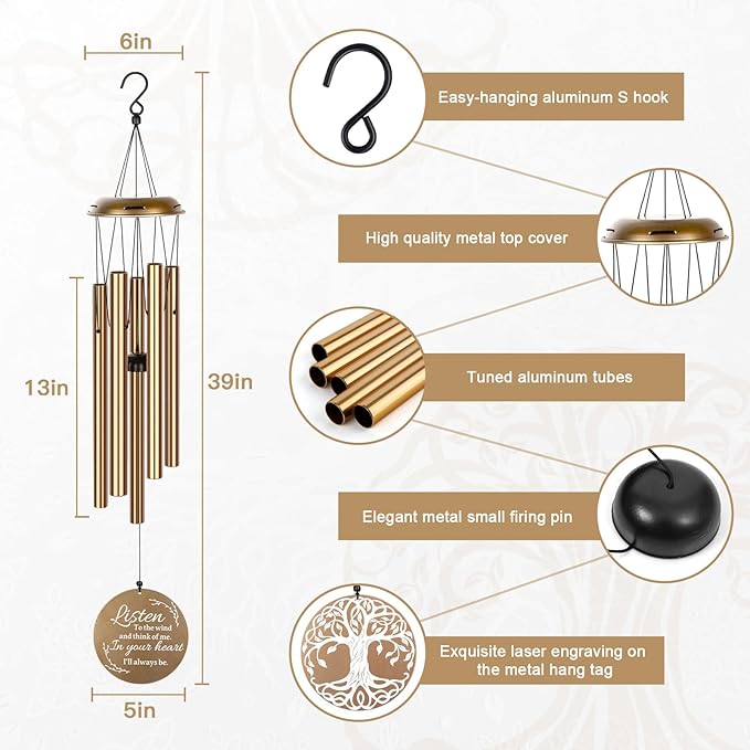 Sympathy Wind Chimes for Loss of Loved One, Memorial Windchimes for Lost Father Mother, Remembrance Bereavement Gift with Card, in Memory of Dad Mom Metal Funeral Decor for Garden Outdoor (39“ Gold)