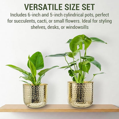 MyGift Modern Hammered Brass Plated Metal Planter Pots – Set of 2 Indoor Plant Containers, 6 & 5-Inch Cylindrical Metallic Planters – Handcrafted in India