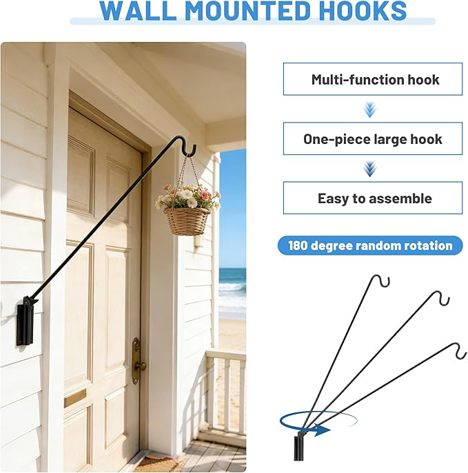ERYTLLY 2 Packs Heavy Duty Deck Hook Wall Mounted, Extensible and Adjustable Deck Hook for Hanging Bird Feeder, Plants, Suet Baskets,Wind Chimes,Lanterns and More