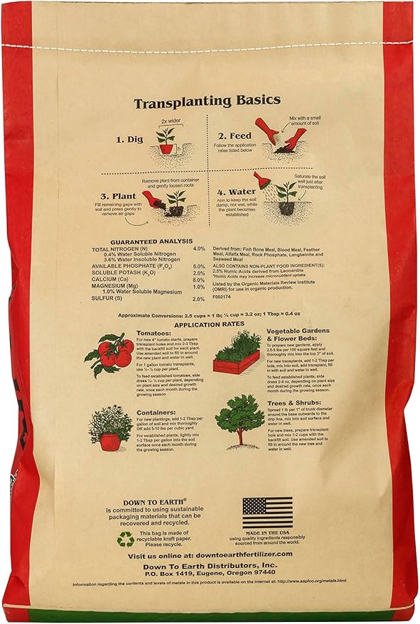 Down To Earth All Natural Fertilizers Organic All Purpose Tomato & Vegetable Mix - Plant Food for Tomatoes, Peppers, Herbs and Flowers 4-6-2, 25 lb