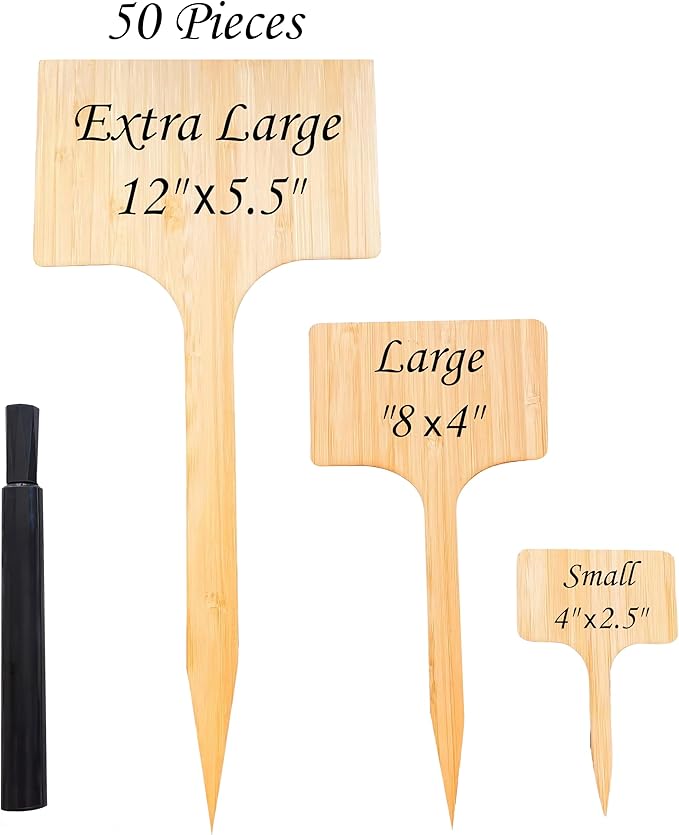 50-Pack 12" Extra-Tall Bamboo Garden Markers – Large Plant Labels for Herbs, Flowers and Vegetables – Easy-Read Full-Size Tags – Great Gift for Gardeners