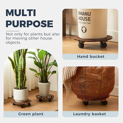 Bamworld Plant Stand with Wheels Plant Caddy Outdoor 4 Pack 12in Rolling Planter Caddy with Swiveling and Lockable Caster for Indoor Patio Plant Dolly Wood Wheeled Mobile Roller