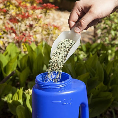Katai – 2L (70 oz) Hand Held Spreader – Adjustable Hole Size for Seeds, Fertilizer, Salt & Ice Melt – Heavy-Duty Garden Spreader with Scoop – Blue
