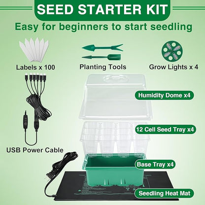 Seed Starter Tray with Grow Light & Heat Mat- 4 Pack 48 Cell Durable Easy Use Seed Starter Kit for Beginners, Thriving Seedling Germination Kit with Humidity Domes for Indoor Plant Growing Propagation