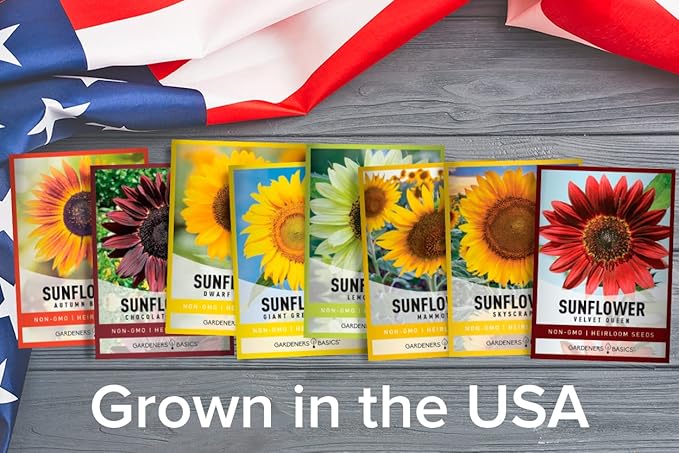 Gardeners Basics Sunflower Seeds for Planting Flowers - Velvet Queen, Skyscraper, Lemon Queen, Giant, Autumn Beauty, Chocolate Cherry, Dwarf Sunspot and Mammoth Bulk Outdoor Flower Garden, Pack of 8