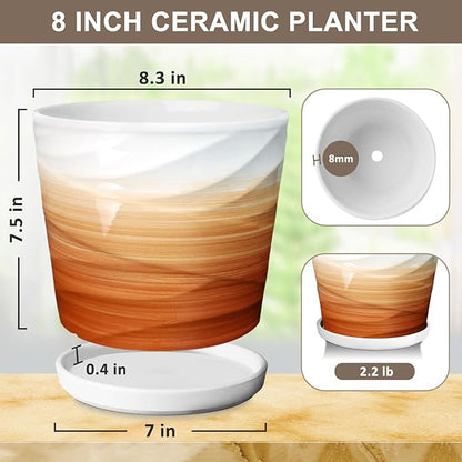 8 Inch Plant Pot, Ceramic Planter with Drainage and Saucer,Ceramic Planters for Indoor Plants, 8 Inch Garden pots(Khaki + White)