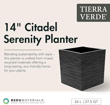 Tierra Verde Indoor & Outdoor Self-Watering Square Planter, Citadel Serenity, 14”, Black - Planting Containers for Plants and Flowers - Gardening and Landscaping Accessories