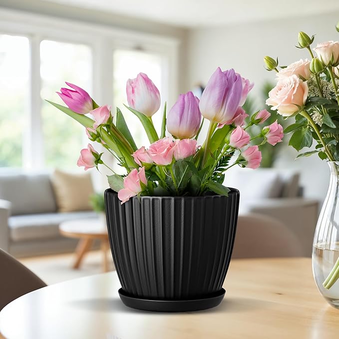 Black 6-Inch Plant Pots with Drainage & Saucers 6 Pack, Indoor & Outdoor Planters for Houseplants, Herbs, and Flowers, Durable & Weatherproof Material, Stackable, Lightweight, Minimalist Design