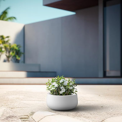 Kante 15.7" Dia Round Concrete Planter, Outdoor Indoor Garden Plant Pots with Drainage Hole and Rubber Plug, Modern Curvaceous Design, Pure White