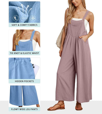 IWOLLENCE Women's Summer Jumpsuits Boho Wide Leg Overalls Casual Loose Rompers with Pockets 2025