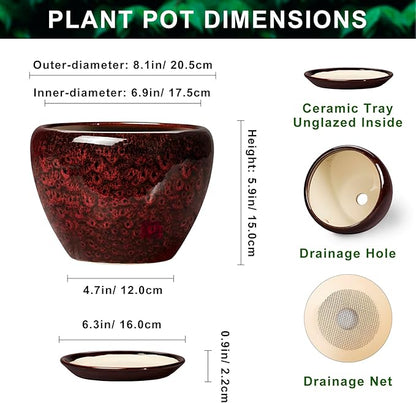 8 Inch Planter - Ceramic Plant Pots with Drainage Hole and Saucer, Decorative Plant Pots for Indoor Plants Outdoor, Round Planter, Modern Office Decor, Gifts for Gardeners, Red Leopard
