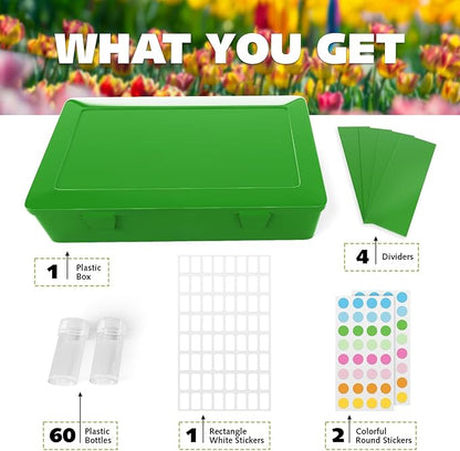 Seed Organizer Storage Box, Green Opaque Light Proof Seed Bank with 60 Transparent Bottles & Labels, Seed Holder Packet Organizer, Seed Vault Container for Homesteaders, Garden Tackle and Sorter PLAIN