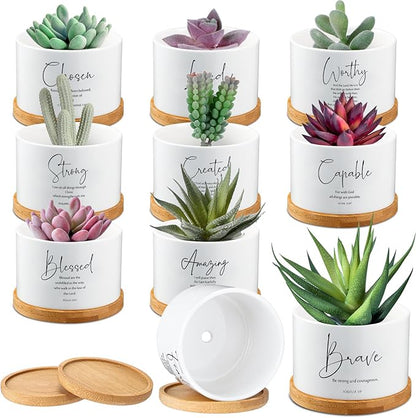 Sieral 10pcs Bible Verse Succulent Pots 3 x 3 x 2 Inch Mini Ceramic Succulent Planters with Bamboo Tray Small Plant Pots Christian Gift for Church Women Men Pastor, Plants Not Included (Fresh)