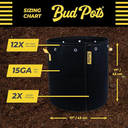 BudPots for Optimal Plant Growth | 15Ga Fabric Pots (56.7L) | 4-Pack | Metal Reinforced Rim - Sturdy & Never Collapses | Promotes Dense & Healthy Roots | Low Stress Training | Reusabe