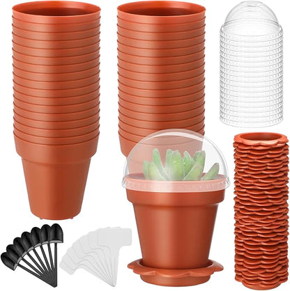 36 Pcs Cupcake Plant Nursery Pots with Humidity Dome Small Flower Pots Plastic Planting Containers Cups with Saucers and Shovel for Indoor Outdoor Plant Succulent Display (Classic)