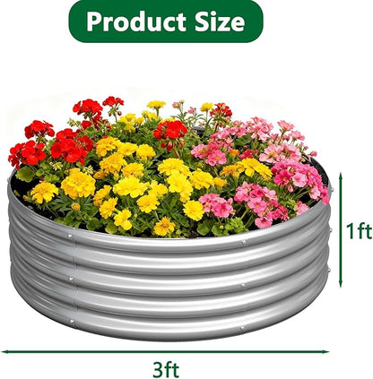 zizin 2 Pcs Round 3x3x1ft Raised Garden Bed Kit Metal Planter Box for Planting Vegetables, Silver